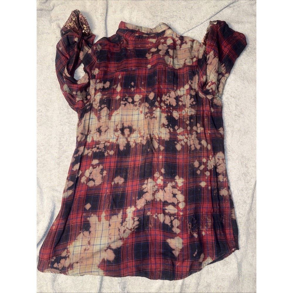 The Nu Vintage Bleach Dye Distressed Red Plaid Sequin Cuffs Western Grunge Large - Picture 10 of 10